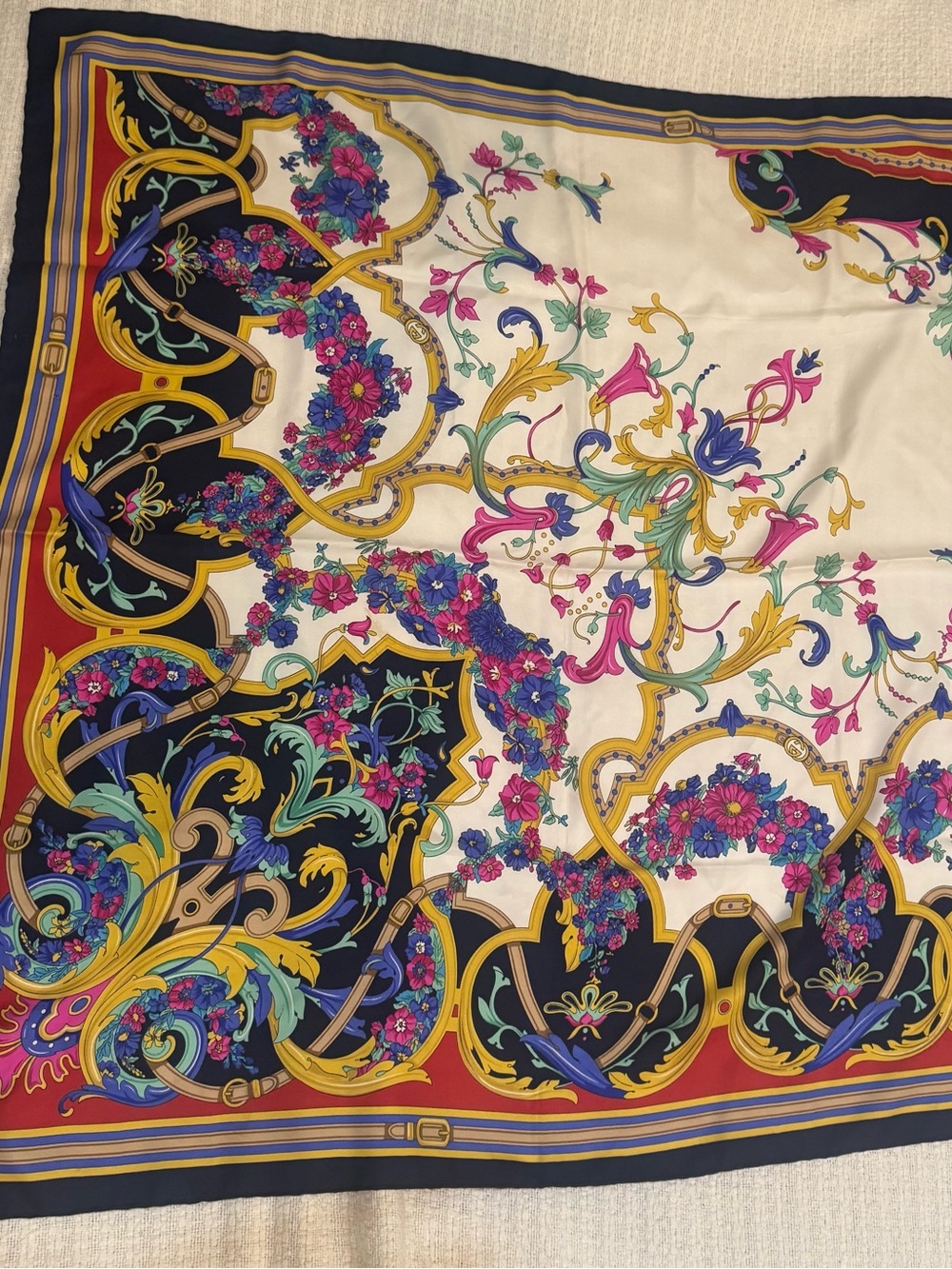 Vintage GUCCI Silk Scarf Floral Equestrian Chain Link Navy Border Square 34"